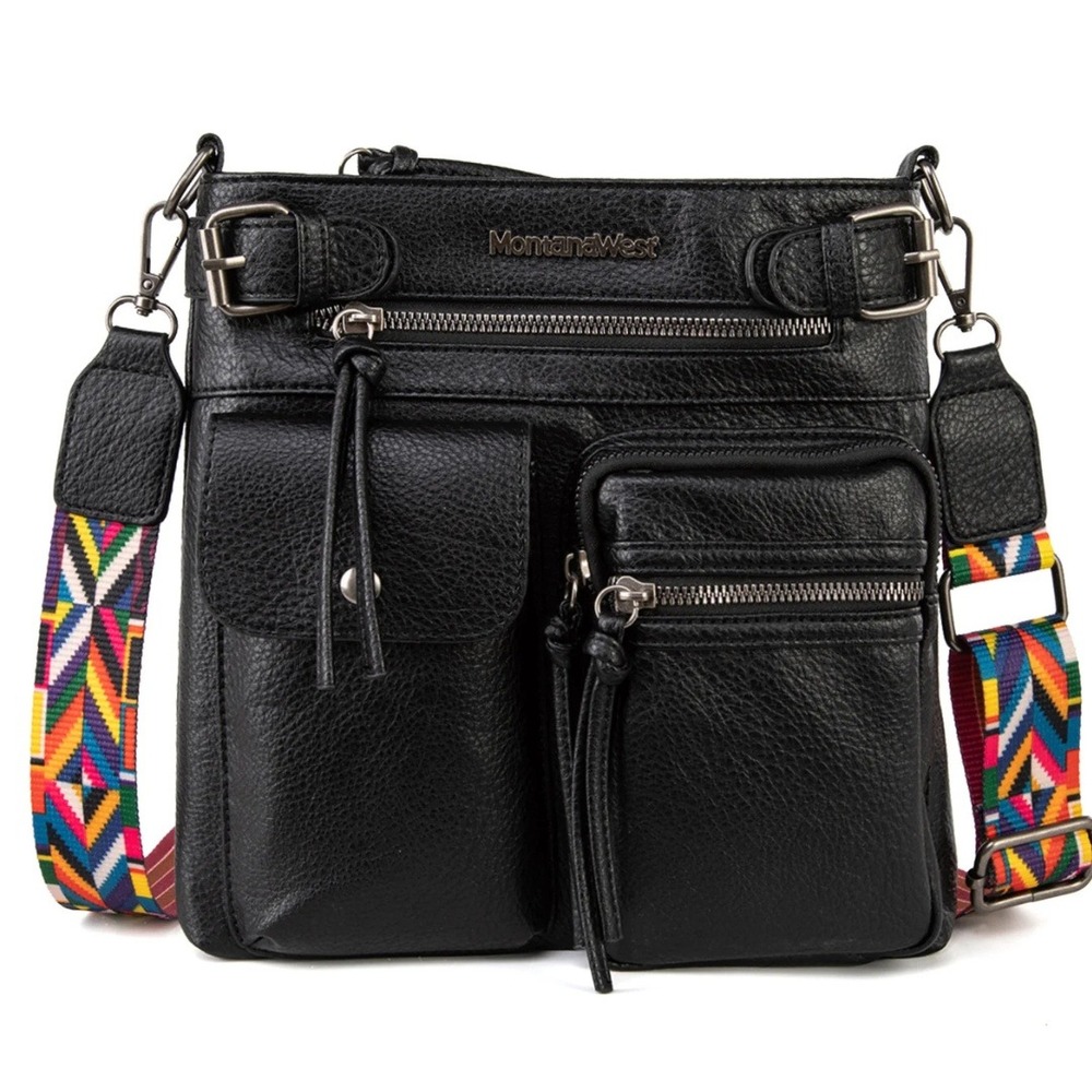 Montana West Black Vegan Leather Crossbody Bag Geometric Guitar Strap NWT